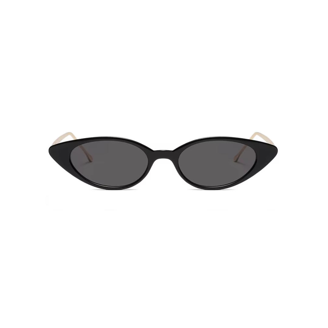Top view of narrow black sunglasses in modern design by Crown Eyewear