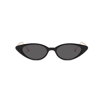 Top view of narrow black sunglasses in modern design by Crown Eyewear